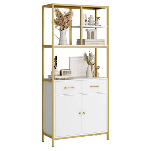 71" Tall Bookshelf, Modern White and Gold Bookcase, Book Shelves with